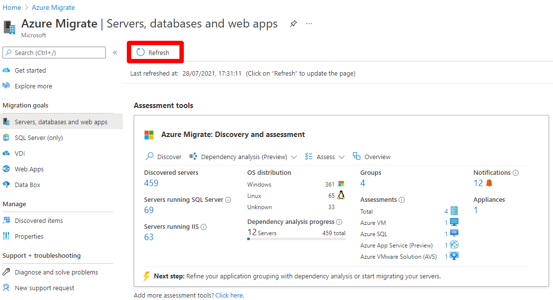 Refresh discovery and assessment tool data