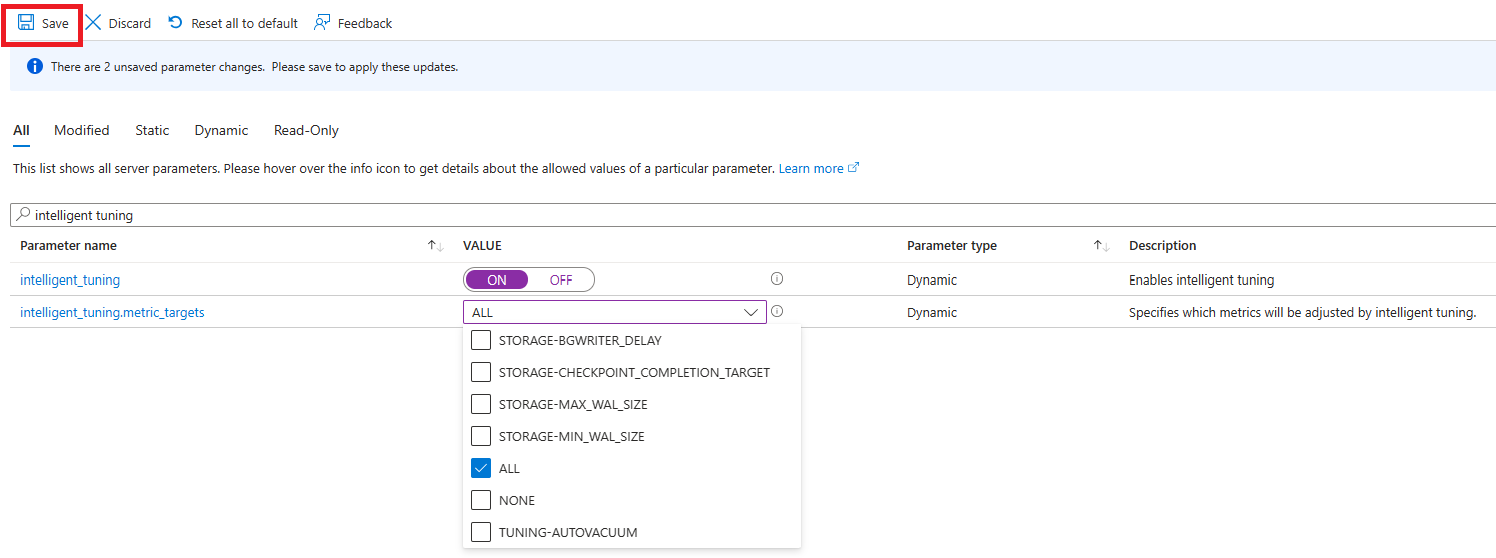 Screenshot of Parameter blade with tuning targets options.