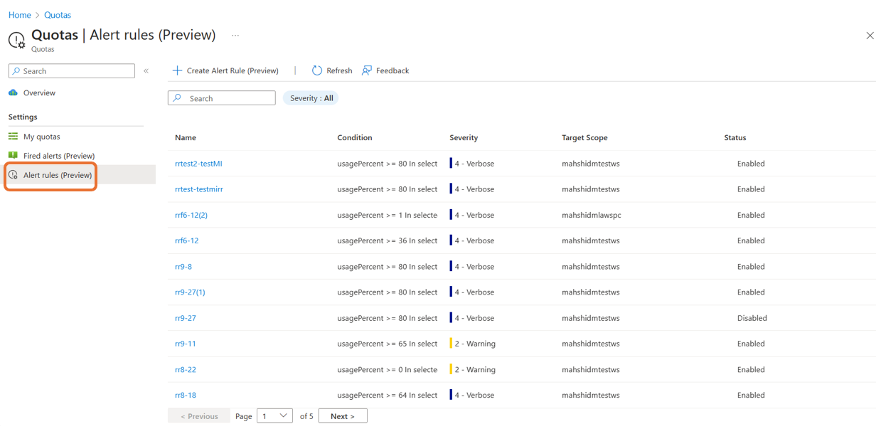 Screenshot showing how the quota alert rule screen in the Azure portal.