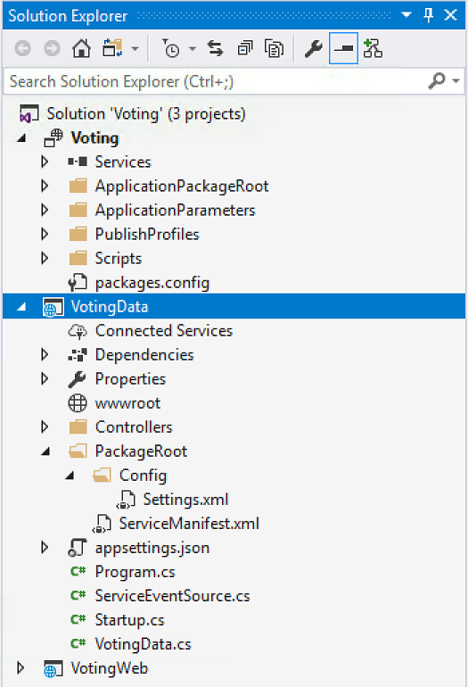 Screenshot that shows the VotingData service project in Solution Explorer.