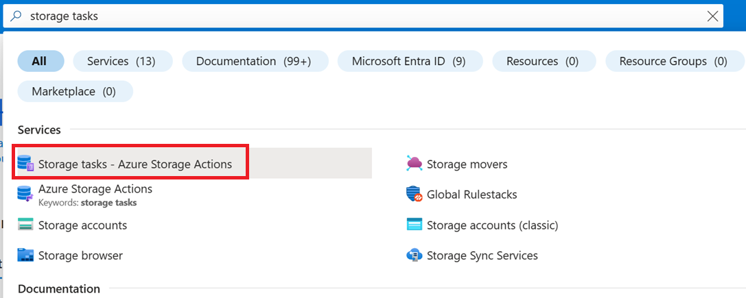 Screenshot of the search result of the string Storage Tasks.