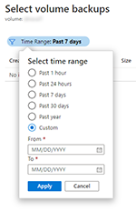 A screenshot showing the selection of a time range of the backup selection blade.