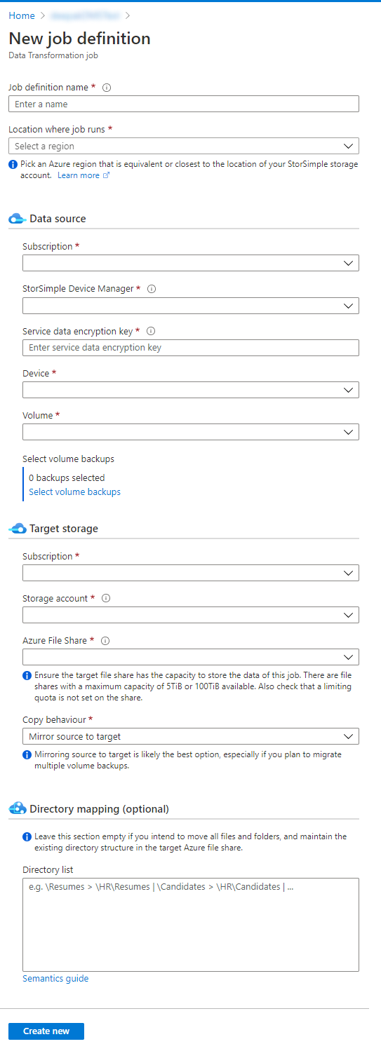 Screenshot of the new job creation form for a migration job.