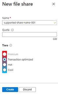 An Azure portal screenshot showing the new file share UI.