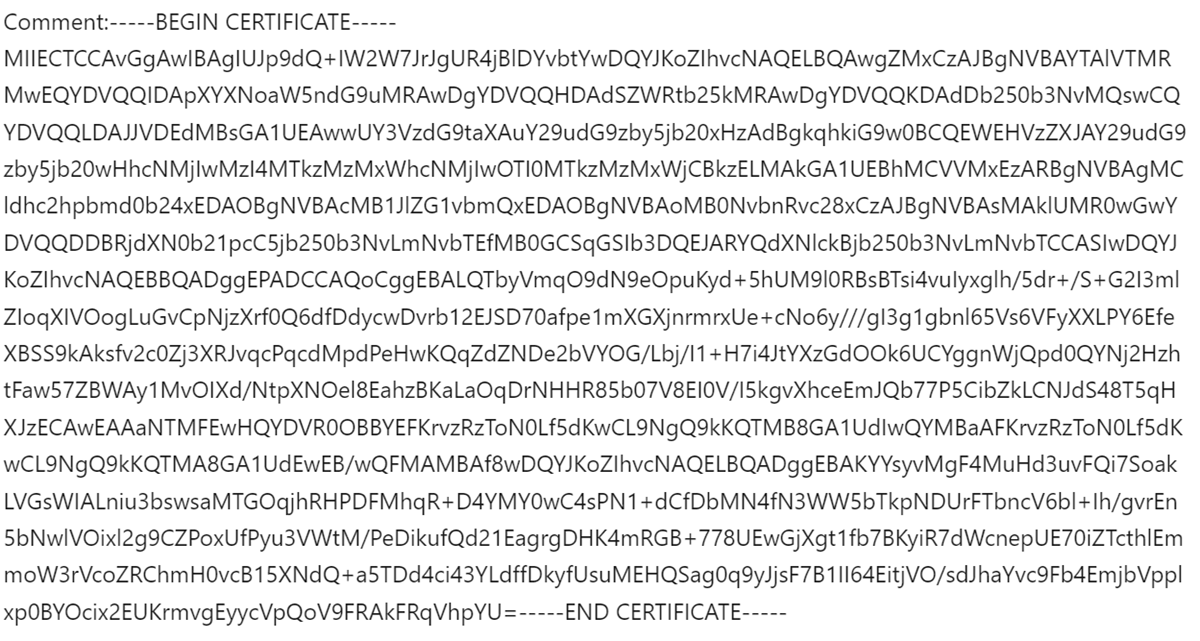 Screenshot of example certificate comment