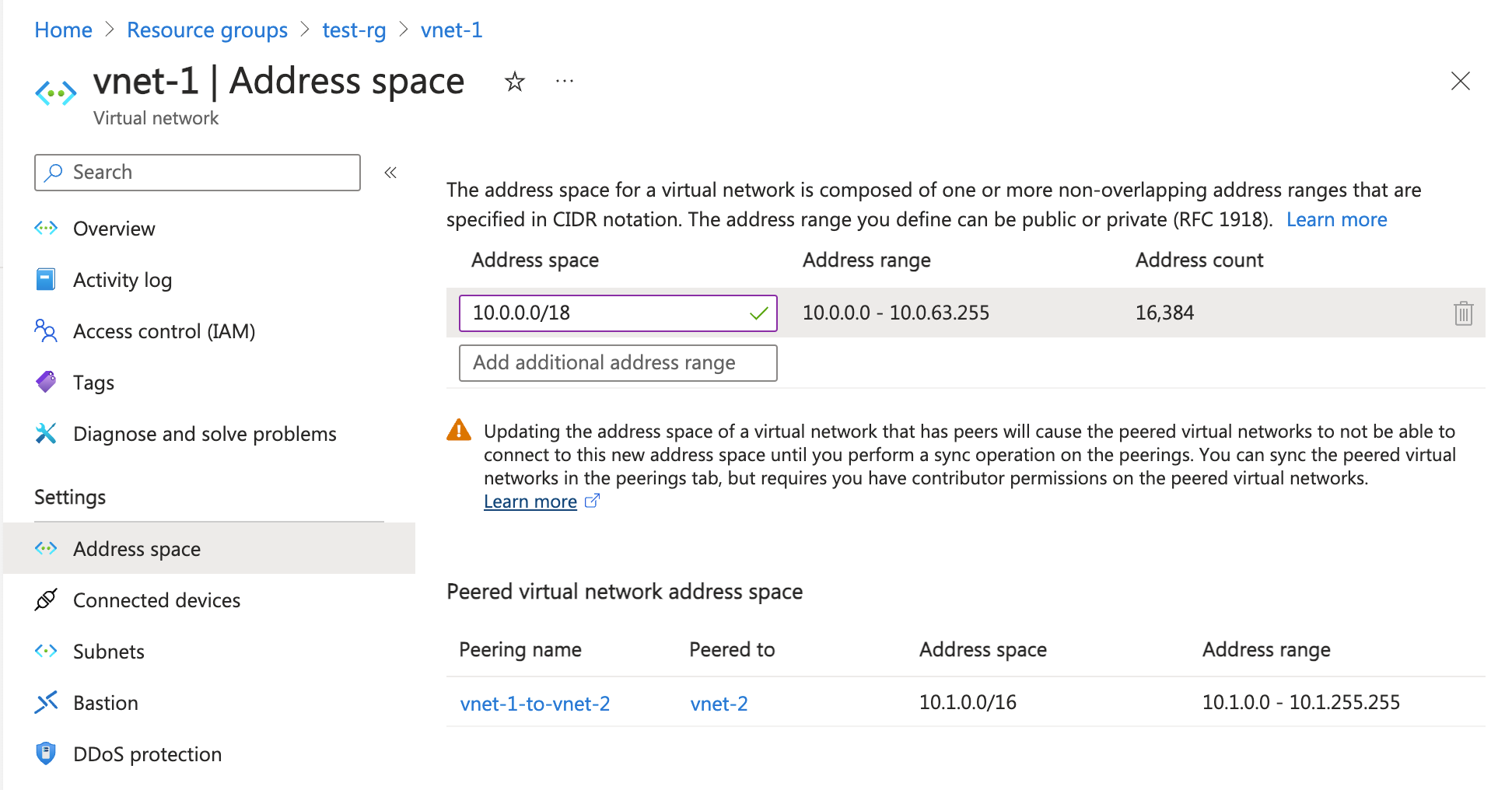 Screenshot of the Address Space page for changing a subnet's prefix.