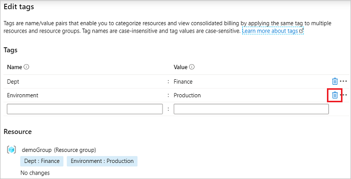 Screenshot of Azure portal with the Delete Tag icon highlighted.