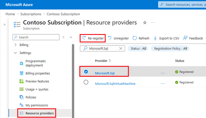 Screenshot of the Azure portal showing how to re-register the Microsoft.Sql resource provider.