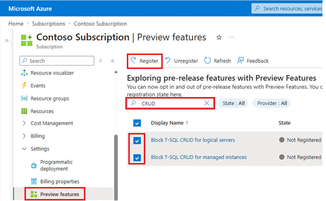 Screenshot from the Azure portal of With Block T-SQL CRUD checked, select Register.