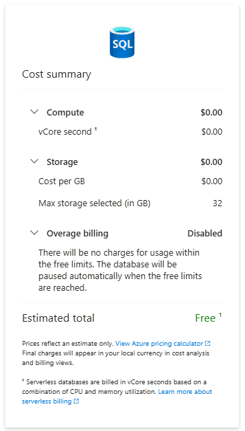 Screenshot from the Azure portal of the Free Offer Cost summary card.