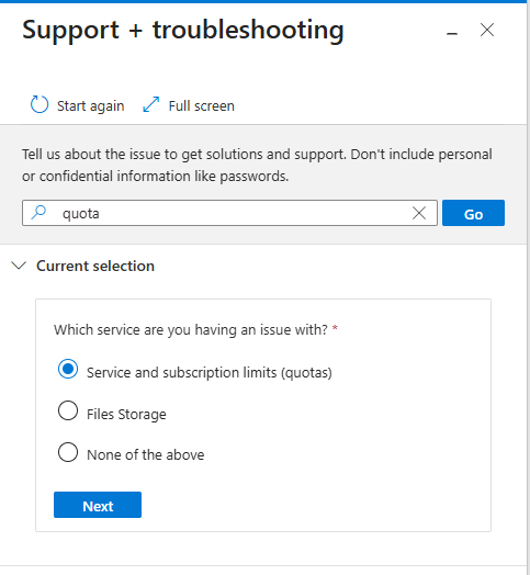 Screenshot from the Azure portal showing the Support + troubleshooting pane. Search for Quota and choose 'Service and subscription limits (quotas)'.