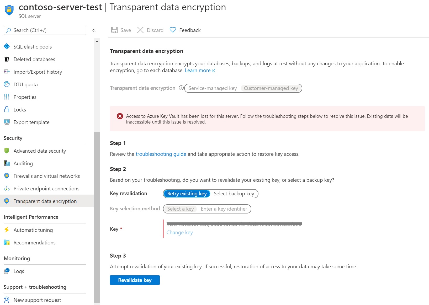 Screenshot of a TDE BYOK inaccessible database.