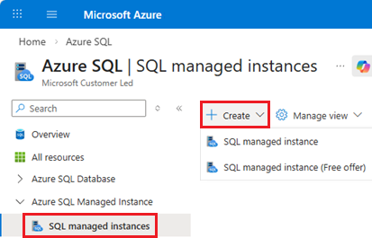 Screenshot of the SQL managed instances page from the Azure SQL hub page in the Azure portal, showing the +Create button.