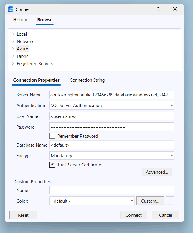 Screenshot of the Connect to Server dialog box in SQL Server Management Studio.