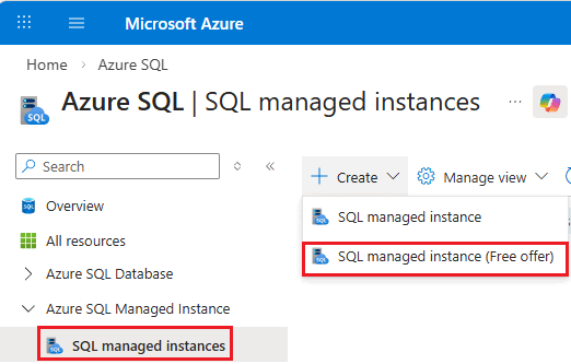 Screenshot of the Create SQL managed instance dropdown menu with the free offer highlighted.
