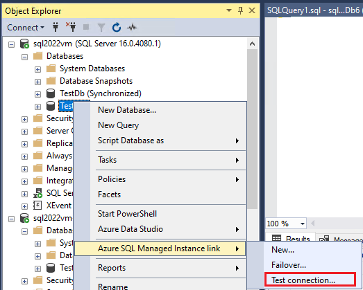 Screenshot of object explorer in SSMS, with test connection selected in the database link right-click menu.