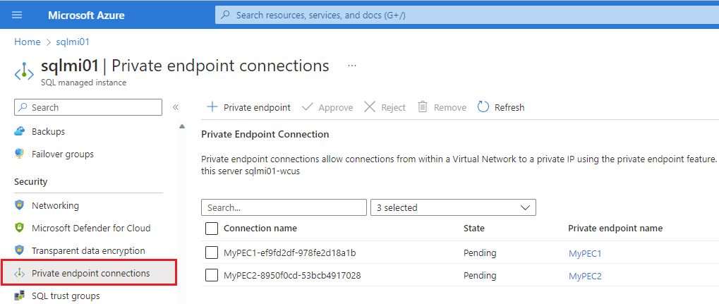 Screenshot of the Azure portal, private endpoint connections page showing two pending connections.