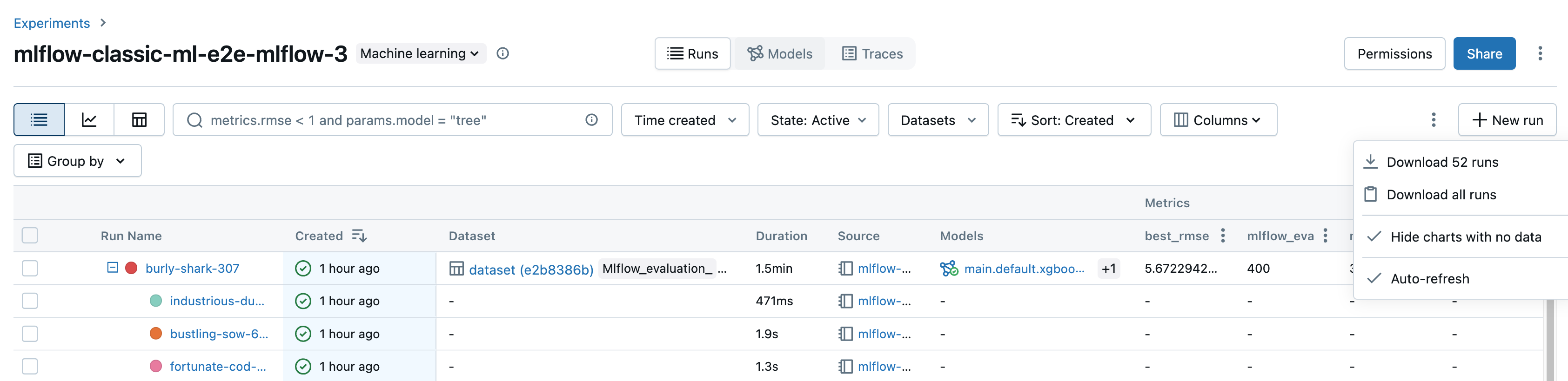 Kebab menu with download options on Experiments page.