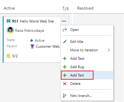 Screenshot shows highlighted Add test selection made from board card.
