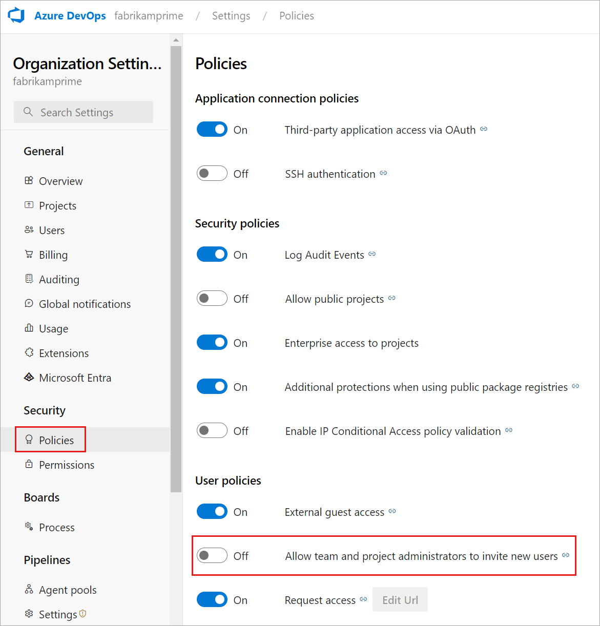 Screenshot showing the policy toggle to limit Team and Project Administrators from inviting new users.