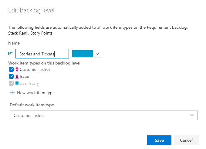 Screenshot showing On Edit backlog, Stories, and Tickets is entered in Name, and there's a list of work item types for this backlog level.