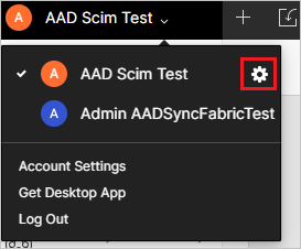 Screenshot of the Figma admin console. A tenant named A A D Scim Test is visible. Next to the tenant, a gear icon is highlighted.