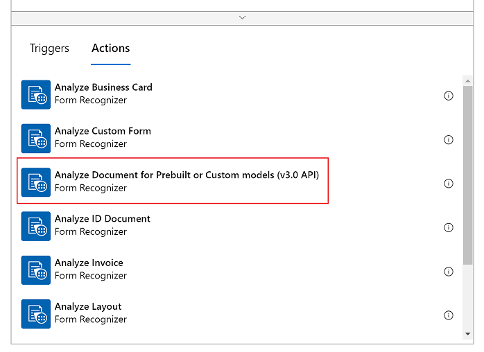 Screenshot of the Analyze Document for Prebuilt or Custom models (v3.0 API) selection button.