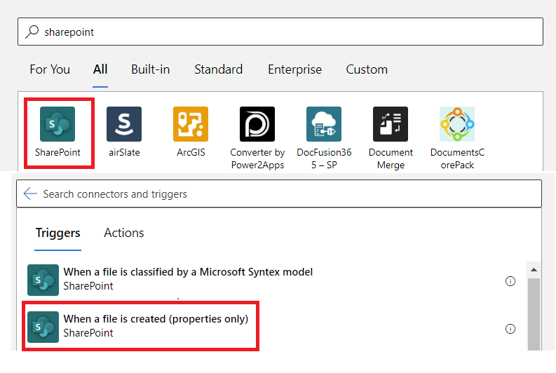 Screenshot of the SharePoint connector and trigger selection page.
