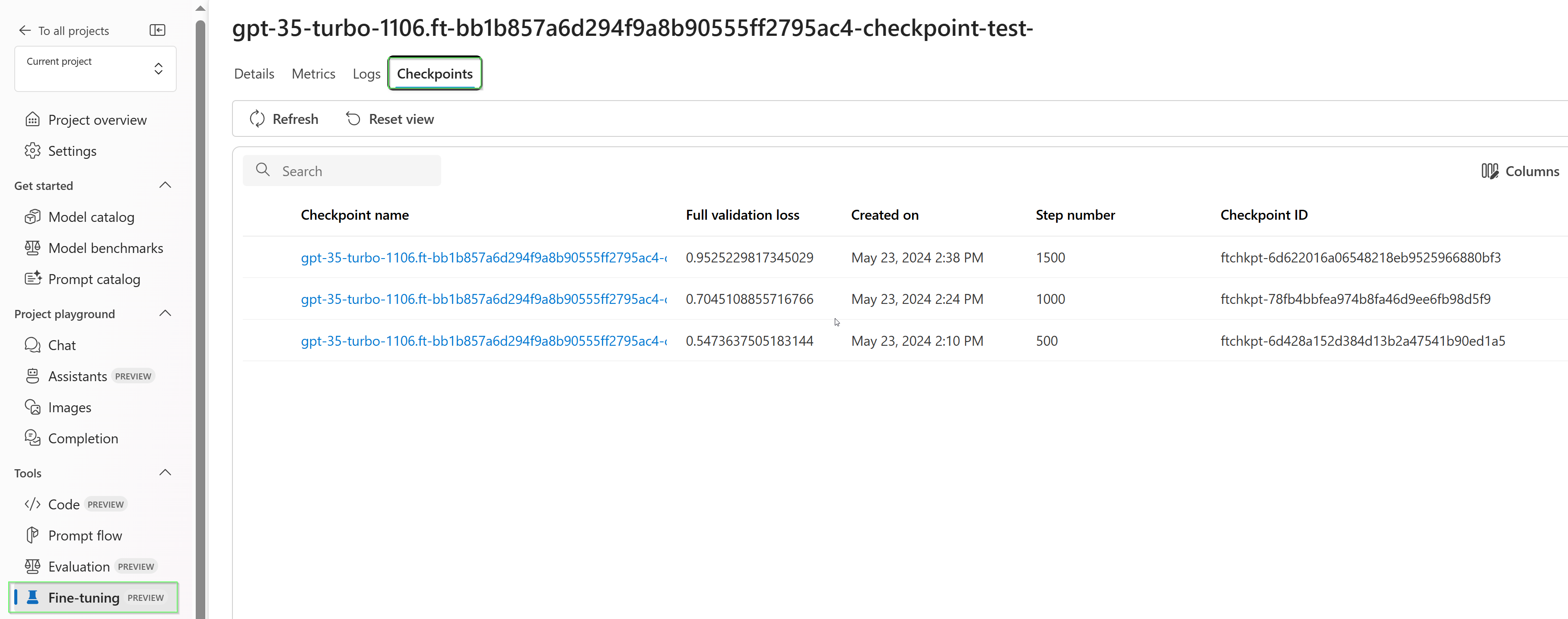 Screenshot of checkpoints UI.