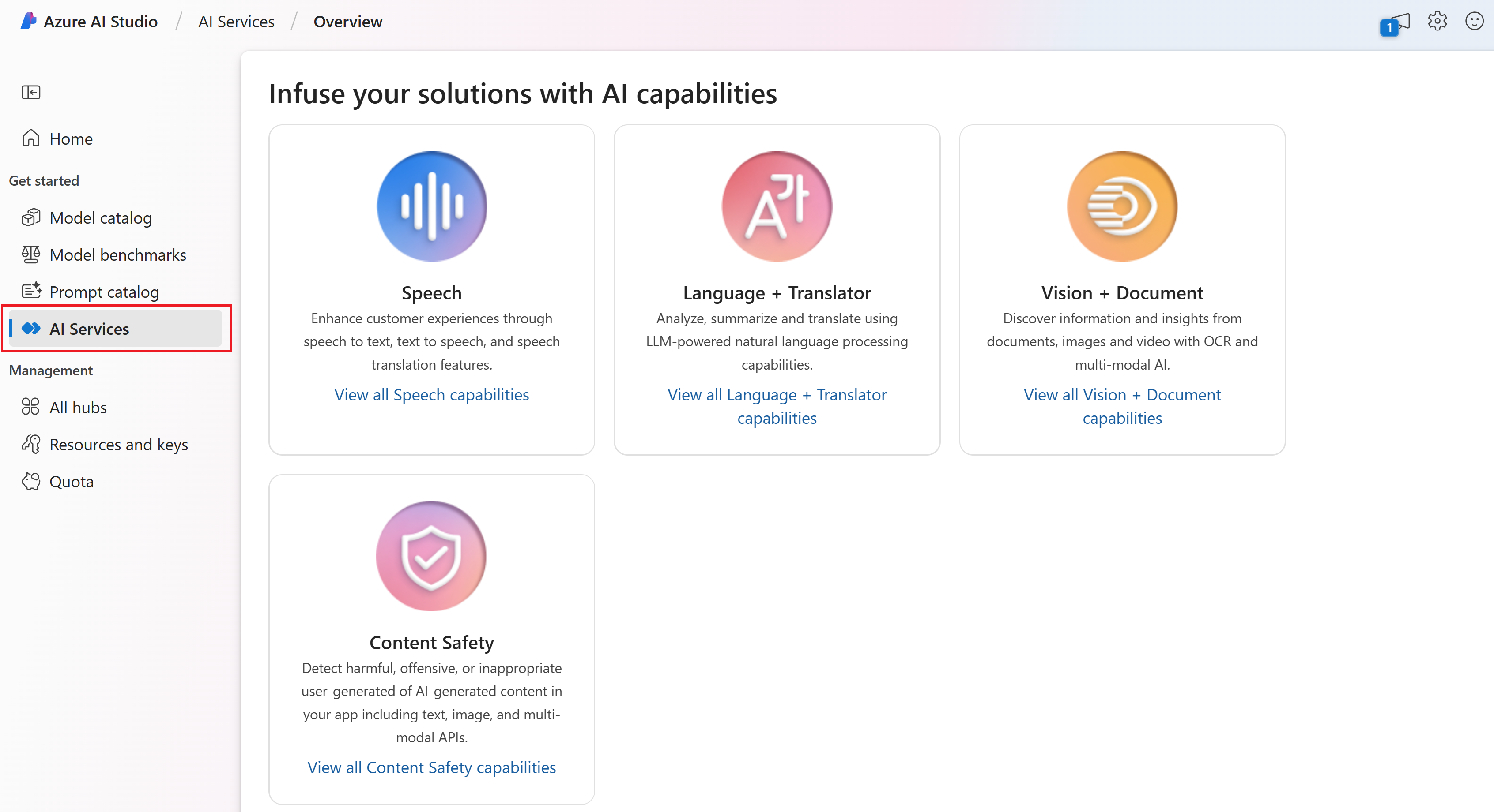 Screenshot of the AI Services page in Azure AI Studio.