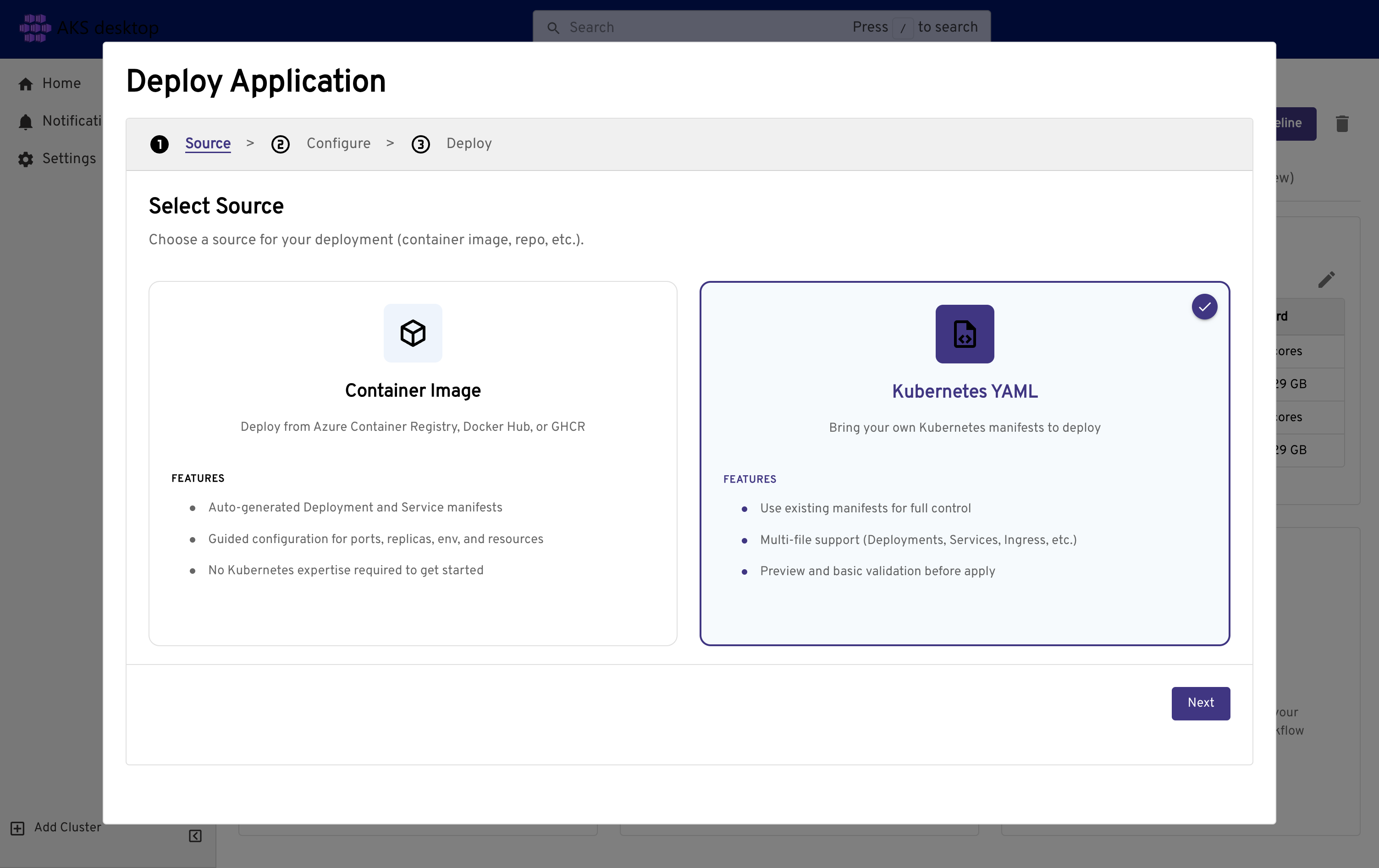 Screenshot that shows selecting application source, select Kubernetes YAML.