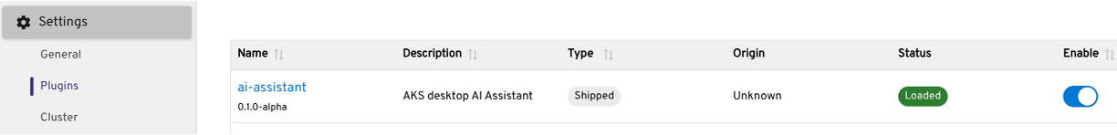 Screenshot of the AKS desktop Settings panel showing the AI Assistant plugin with the Enable toggle.