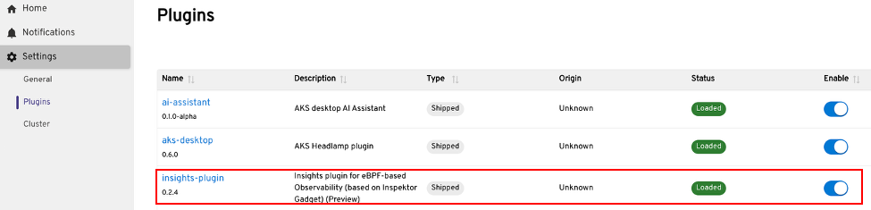 Screenshot of enabling the Insights plugin in AKS desktop.