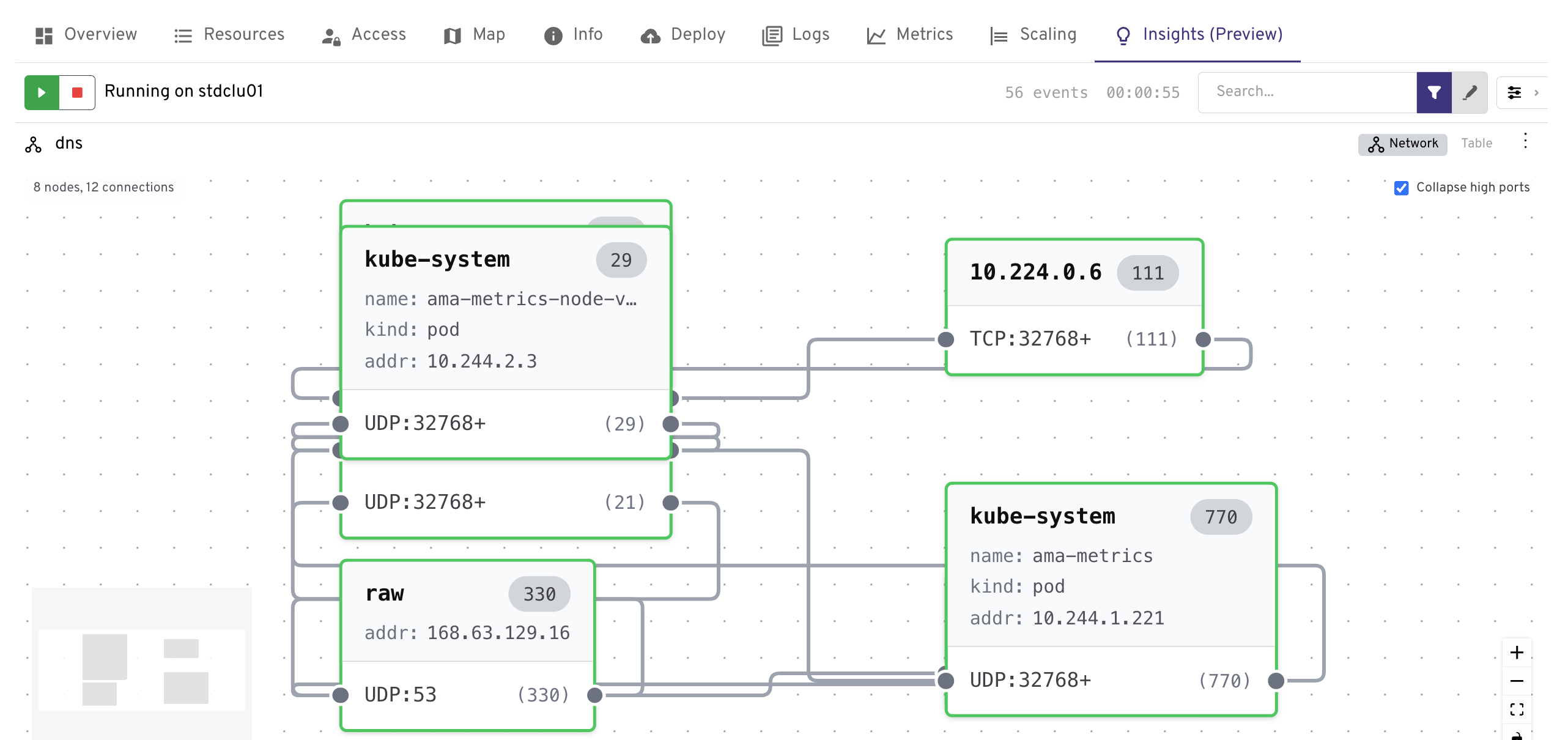 Screenshot of the Insights Trace DNS view in AKS desktop showing DNS queries, responses, and latency per pod.