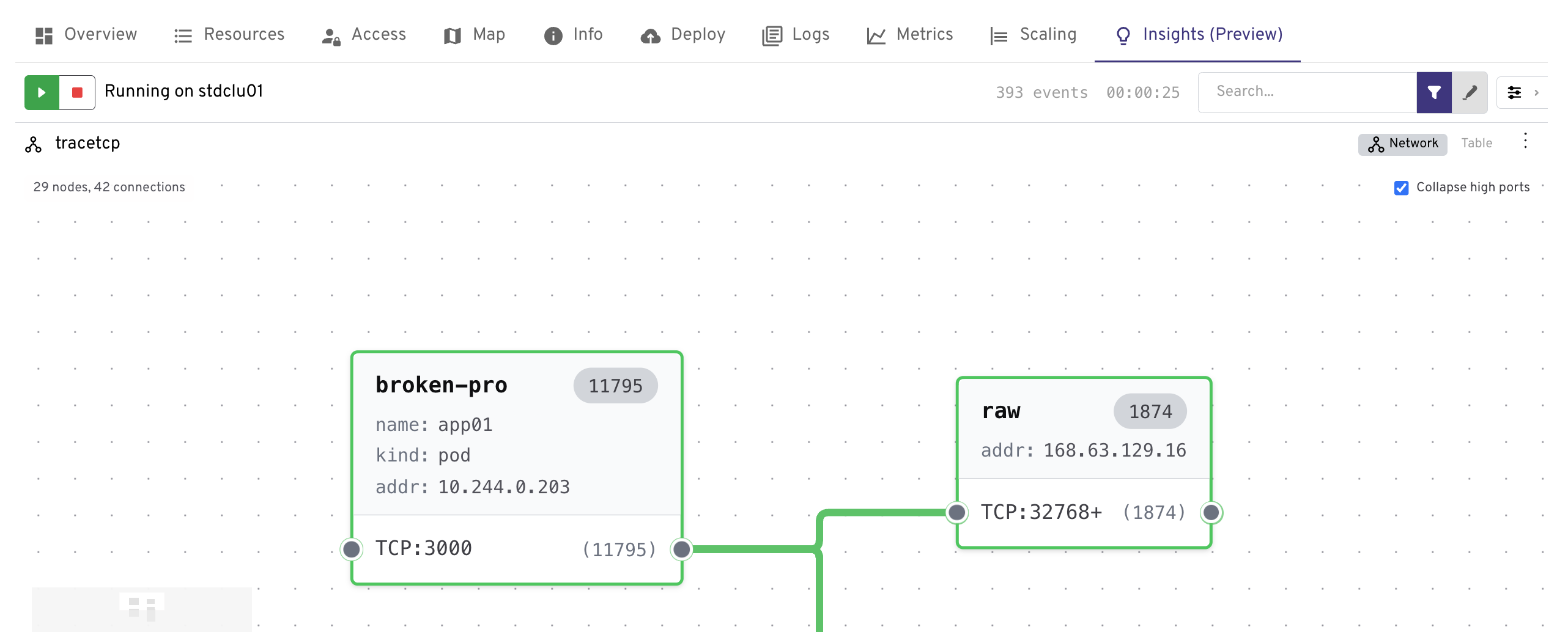 Screenshot of the Insights Trace TCP view in AKS desktop showing live pod-to-pod and external TCP connections.