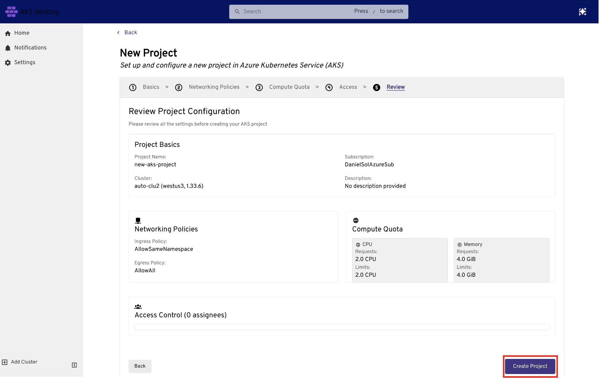 Screenshot of creating a new Project in AKS desktop.