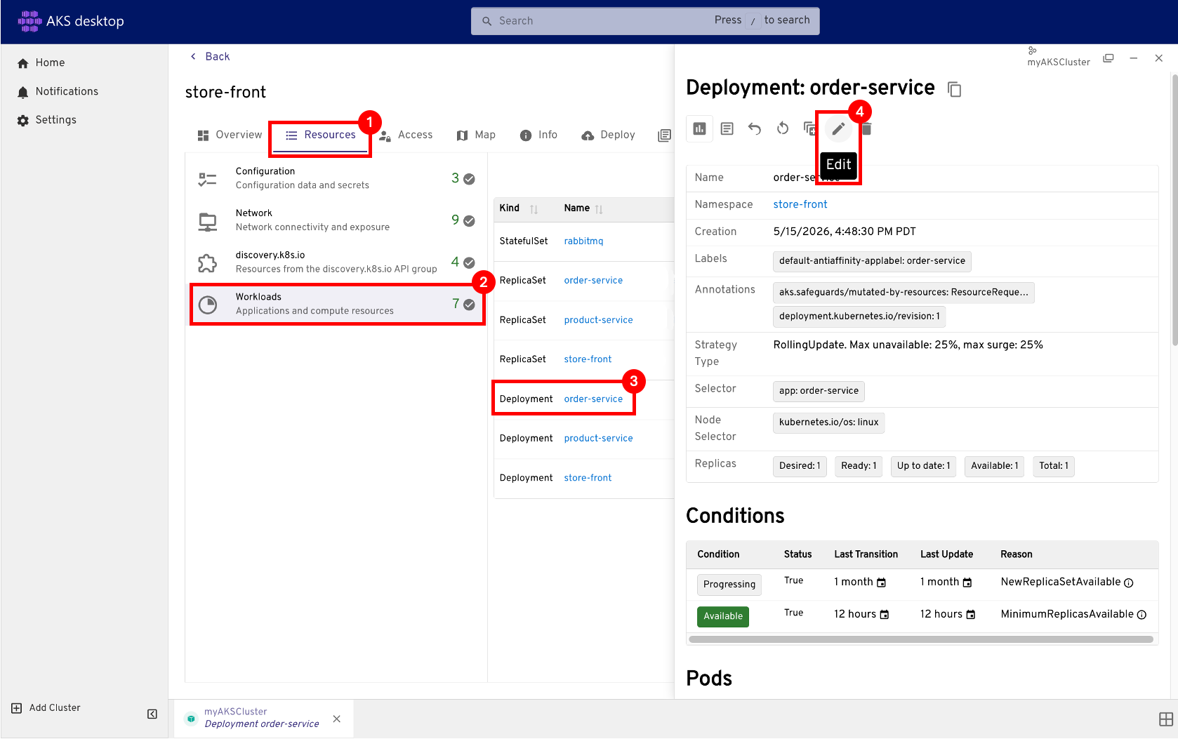 Screenshot that shows editing deployment, Resources, Workloads, Deployment, Order-service.