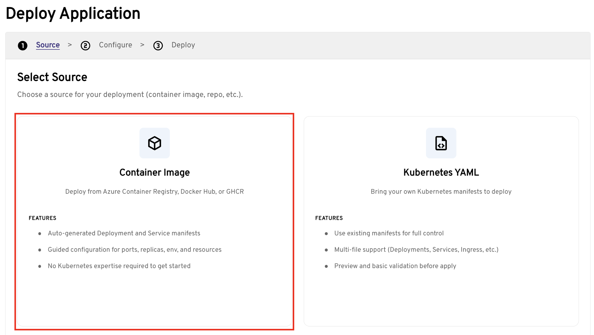 Screenshot of selecting a source for a new application in AKS desktop.