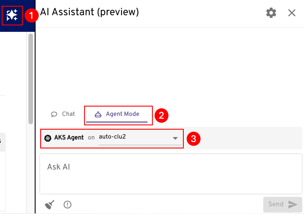 Screenshot of the AKS desktop AI Assistant panel with Agent mode selected and a cluster dropdown.