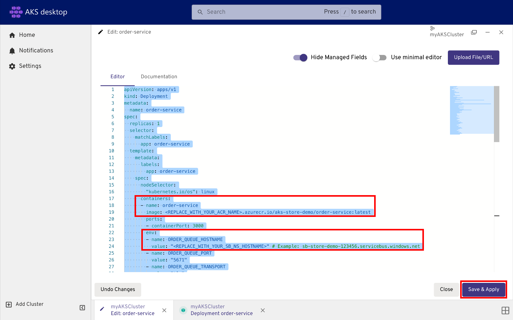 Screenshot that shows using the editor to update the YAML deployment.