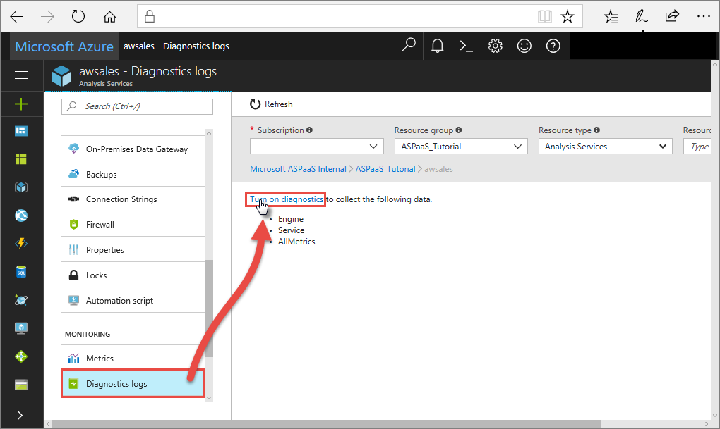 Screenshot showing Turn on diagnostics in the Azure portal.