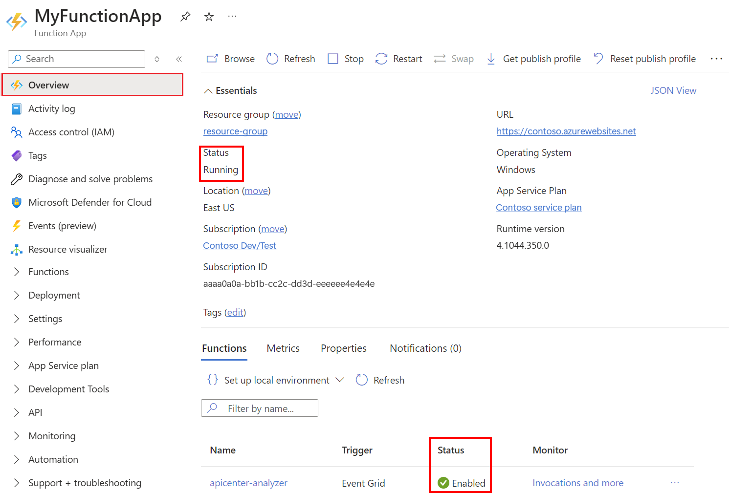 Screenshot of the function app in the Azure portal showing the Running status and Enabled function.