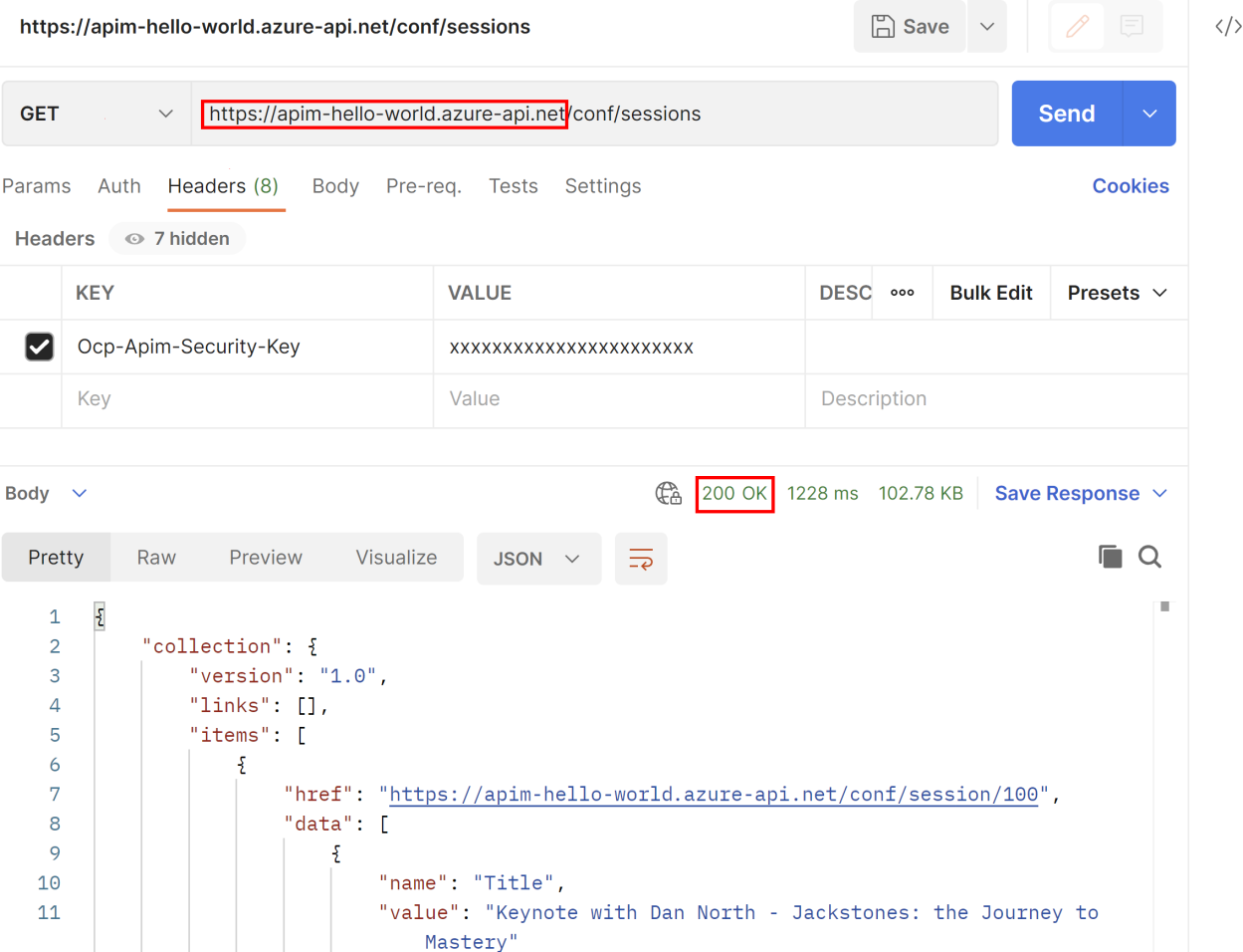 Screenshot showing calling API Management endpoint directly using Postman.