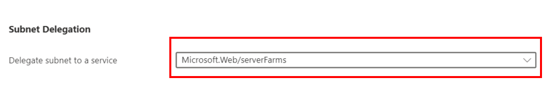 Screenshot of delegating the subnet to a service in the portal.