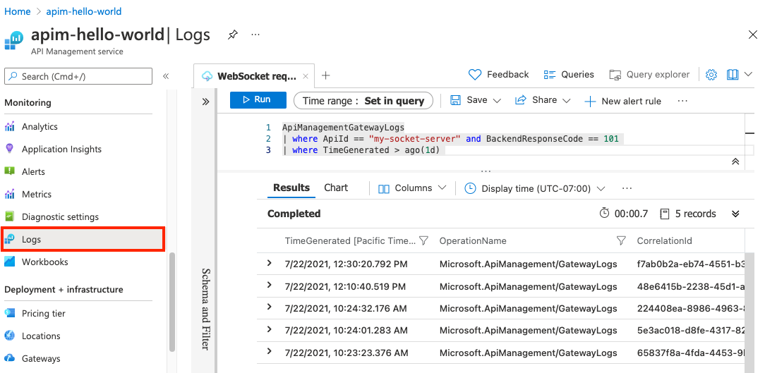 Query logs for WebSocket API requests