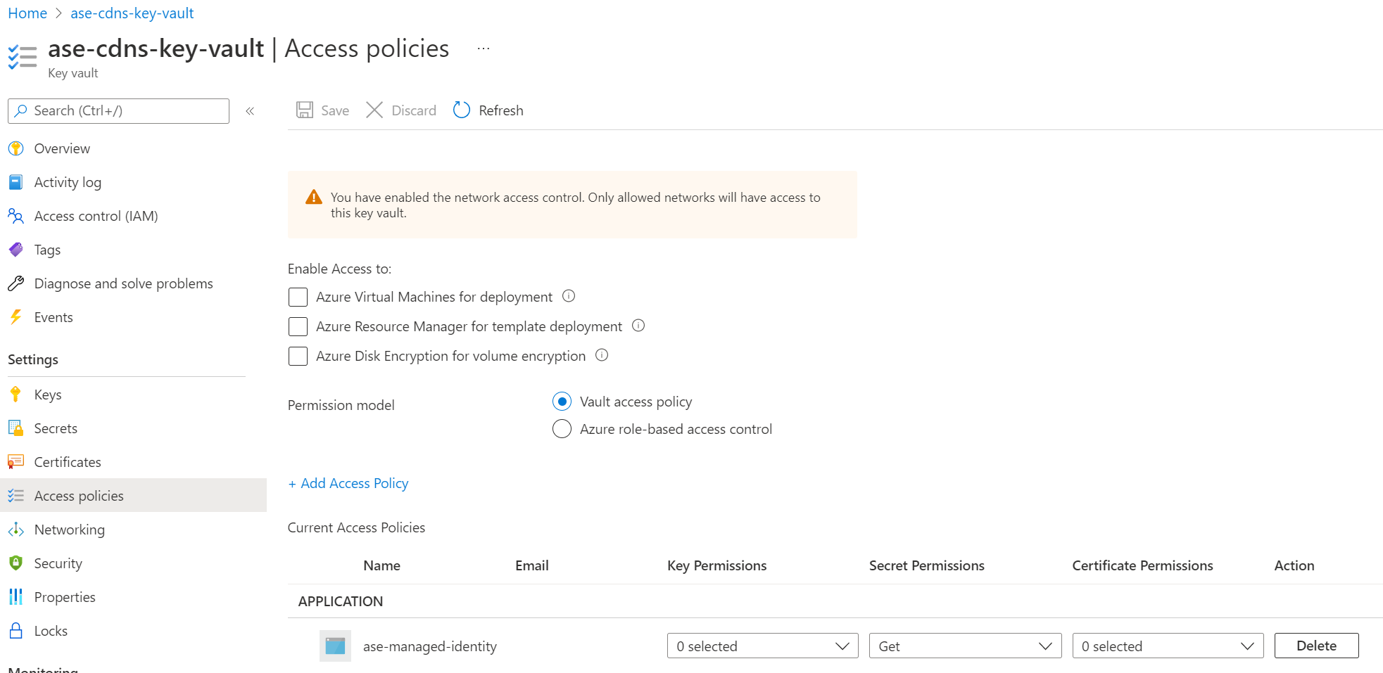 Screenshot of a sample key vault access policy for managed identity.