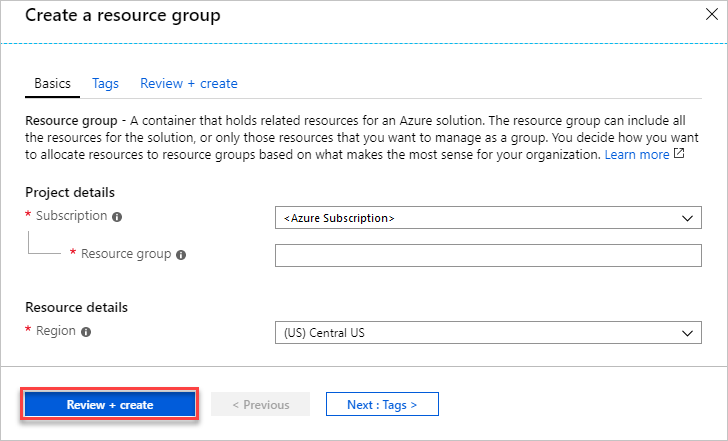 Screenshot of setting resource group property values in Azure portal
