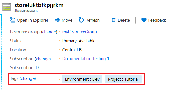 Screenshot of Azure portal showing tags on a storage account resource.