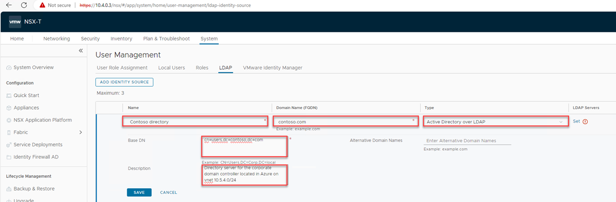 Screenshot that shows the User Management Add Identity Source page in NSX Manager.