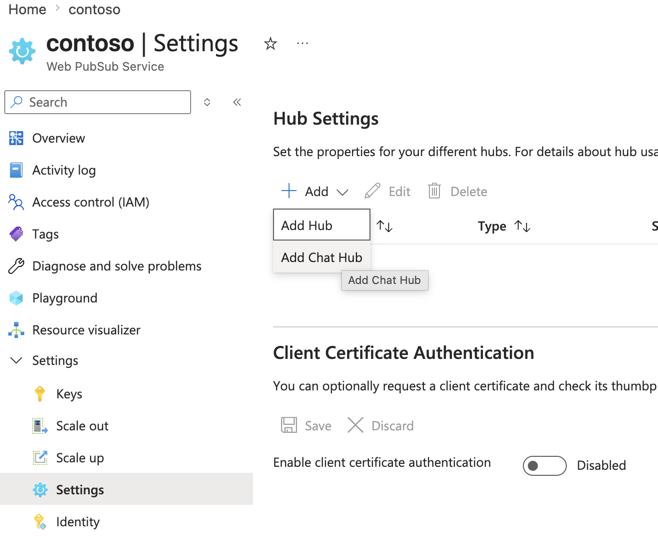 Screenshot of adding a Chat hub to an Azure Web PubSub resource in the portal.